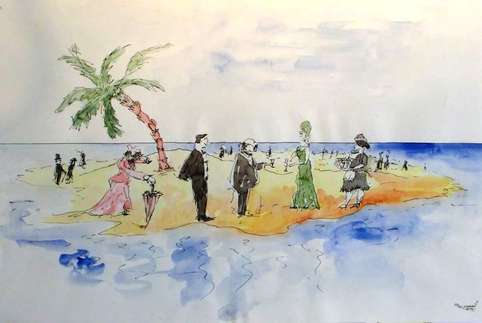 René Rameil: – "Insel-Witz II“, 
Fine-Liner, Wasserfarben, Bleistift,  auf Papier, DinA3.